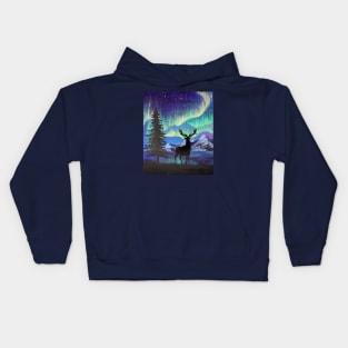 Snowy Mountain Pine Tree Starry Night Sky Deer Silhouette Northern Lights Kids Hoodie